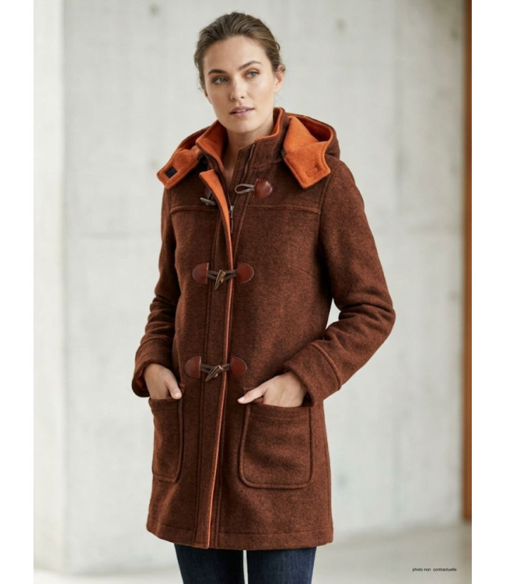 Manteau caban marron/orange femme – Maille épaisse, capuche