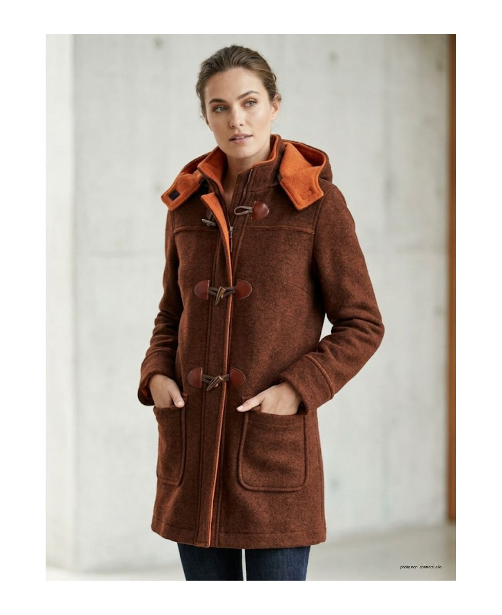 Manteau caban marron/orange femme – Maille épaisse, capuche