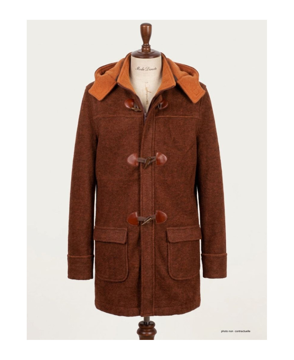 Manteau caban marron/orange femme – Maille épaisse, capuche