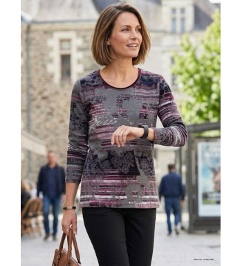 Tee-shirt manches longues col rond pour femme MAYFLOWER modèle RF141V coloris violet à rayures et motifs fleurs.