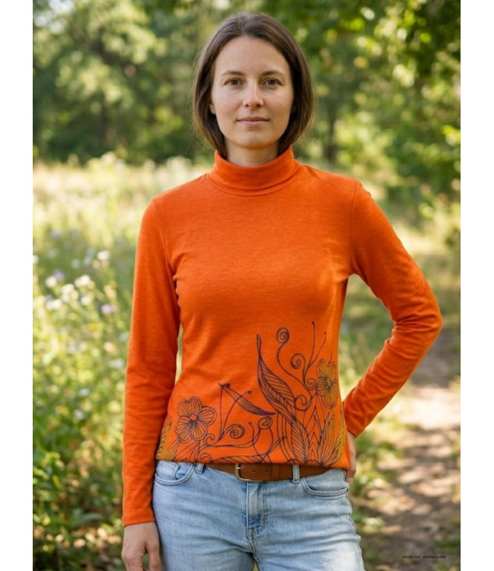 Tee-shirt col roulé manches longues OGALO modèle SH1005O coloris orange avec sérigraphie fantaisie.