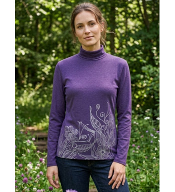 Tee-shirt col roulé manches longues OGALO modèle SH1005V coloris violet avec sérigraphie fantaisie.