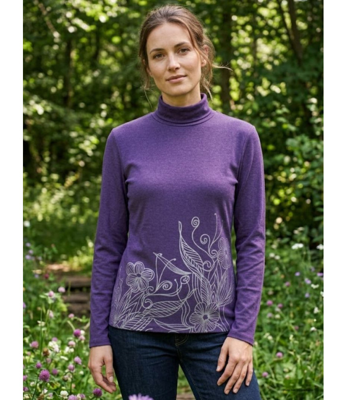 Tee-shirt col roulé manches longues OGALO modèle SH1005V coloris violet avec sérigraphie fantaisie.