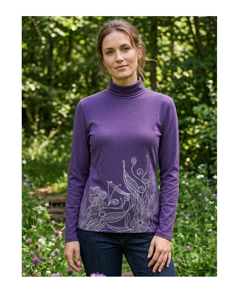 Tee-shirt col roulé manches longues OGALO modèle SH1005V coloris violet avec sérigraphie fantaisie.