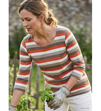 Tee-shirt manches 3/4 MAYFLOWER modèle DIXIE1 en coton rib à rayures crème, beige, taupe et orange avec poche poitrine.