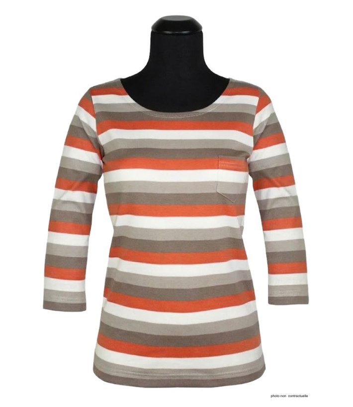 MAYFLOWER DIXIE1 - Tee-shirt manches 3/4 coton rib rayé orange/beige