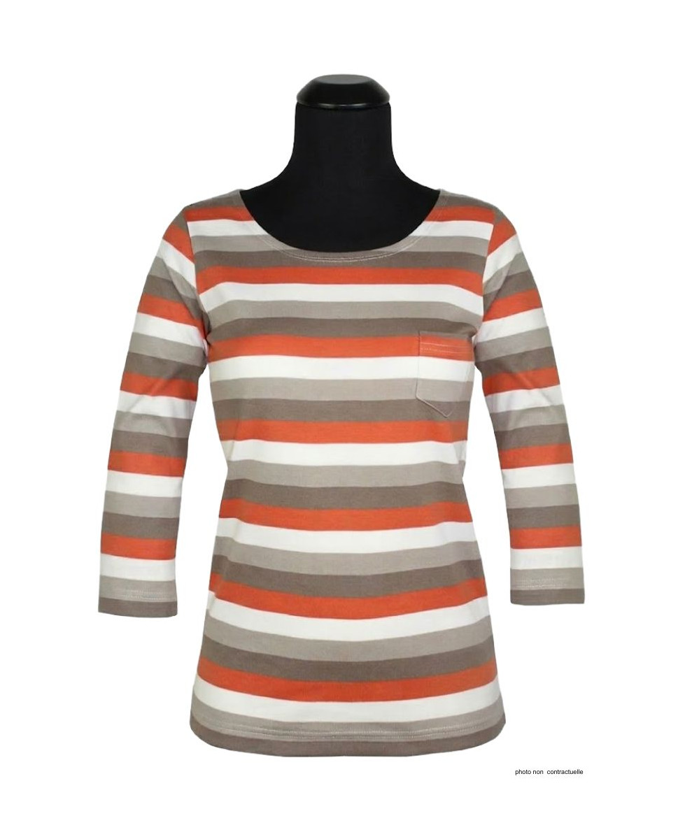 MAYFLOWER DIXIE1 - Tee-shirt manches 3/4 coton rib rayé orange/beige