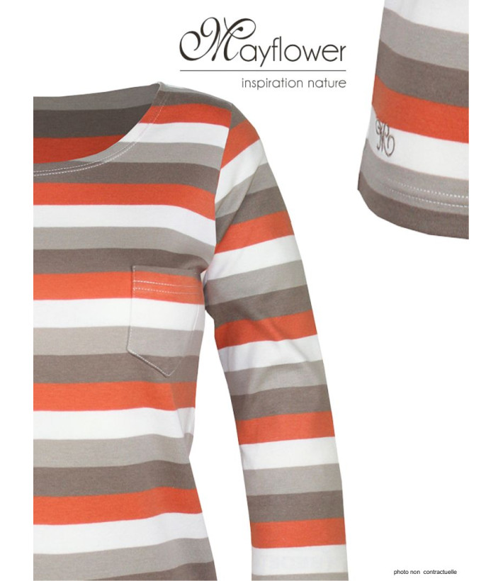 MAYFLOWER DIXIE1 - Tee-shirt manches 3/4 coton rib rayé orange/beige