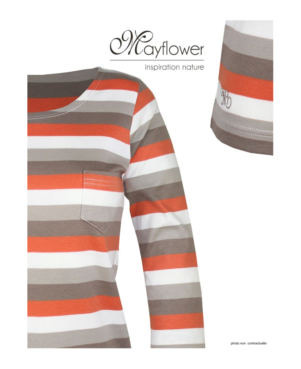 MAYFLOWER DIXIE1 - Tee-shirt manches 3/4 coton rib rayé orange/beige