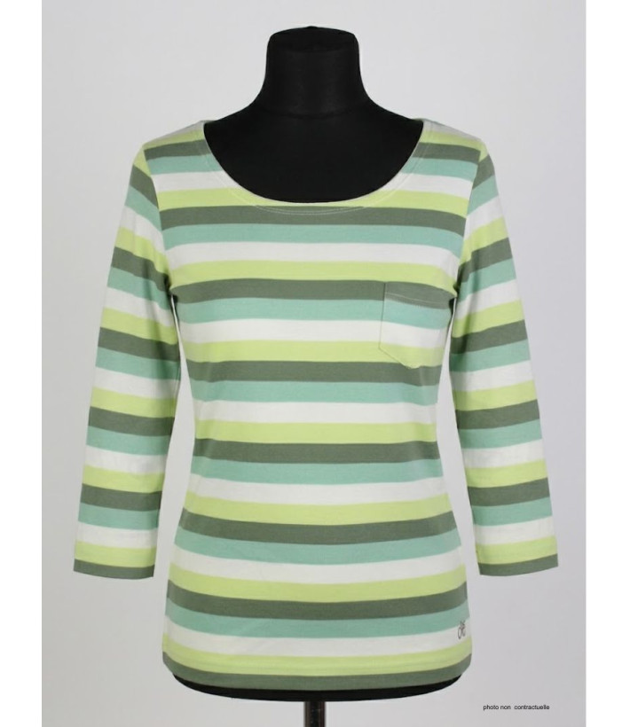MAYFLOWER DIXIE2 - Tee-shirt manches 3/4 coton rib rayé blanc/aqua/vert