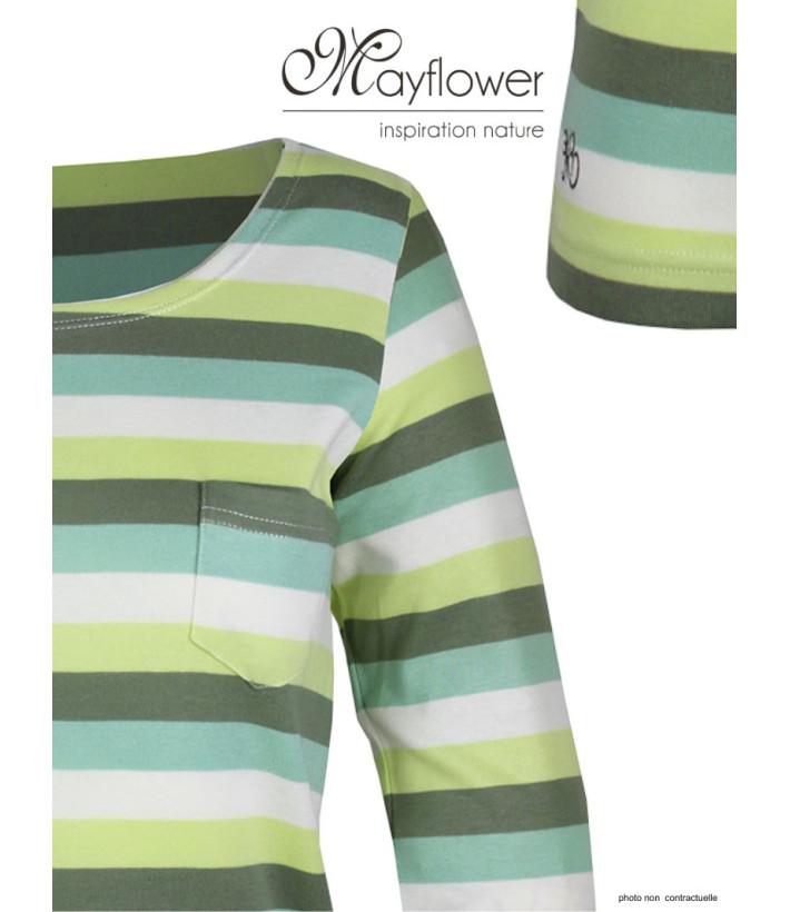 MAYFLOWER DIXIE2 - Tee-shirt manches 3/4 coton rib rayé blanc/aqua/vert