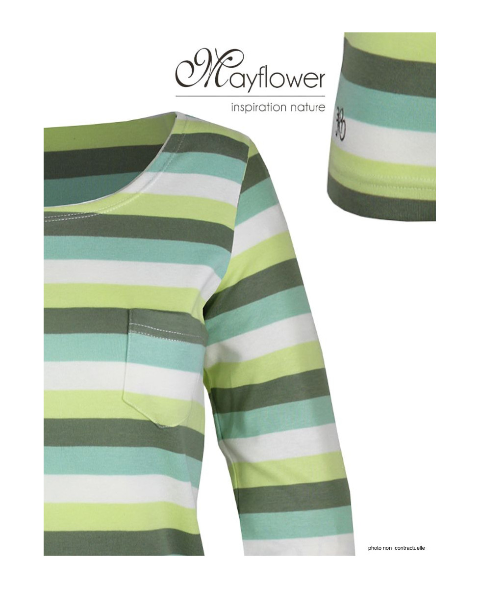 MAYFLOWER DIXIE2 - Tee-shirt manches 3/4 coton rib rayé blanc/aqua/vert