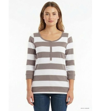 Tee-shirt femme manches 3/4 MAYFLOWER modèle DOMINGO1 beige avec grand col rond boutonné et bords côtes.