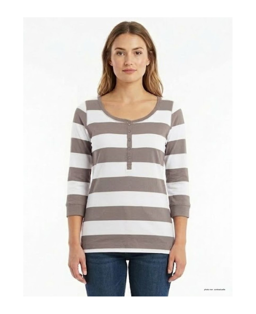 Tee-shirt femme manches 3/4 MAYFLOWER modèle DOMINGO1 beige avec grand col rond boutonné et bords côtes.