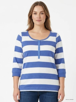 Tee-shirt femme manches 3/4 MAYFLOWER modèle DOMINGO2 à rayures blanches et bleues avec col boutonné.