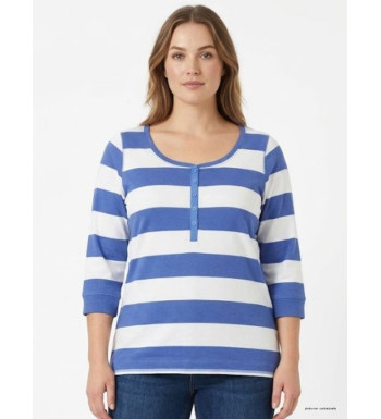 Tee-shirt femme manches 3/4 MAYFLOWER modèle DOMINGO2 à rayures blanches et bleues avec col boutonné.