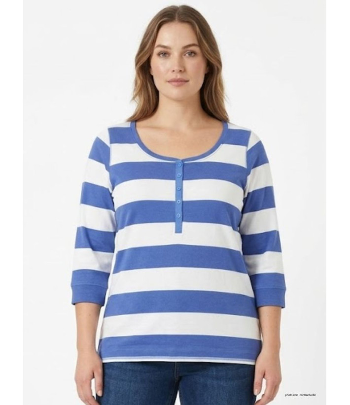 Tee-shirt femme manches 3/4 MAYFLOWER modèle DOMINGO2 à rayures blanches et bleues avec col boutonné.