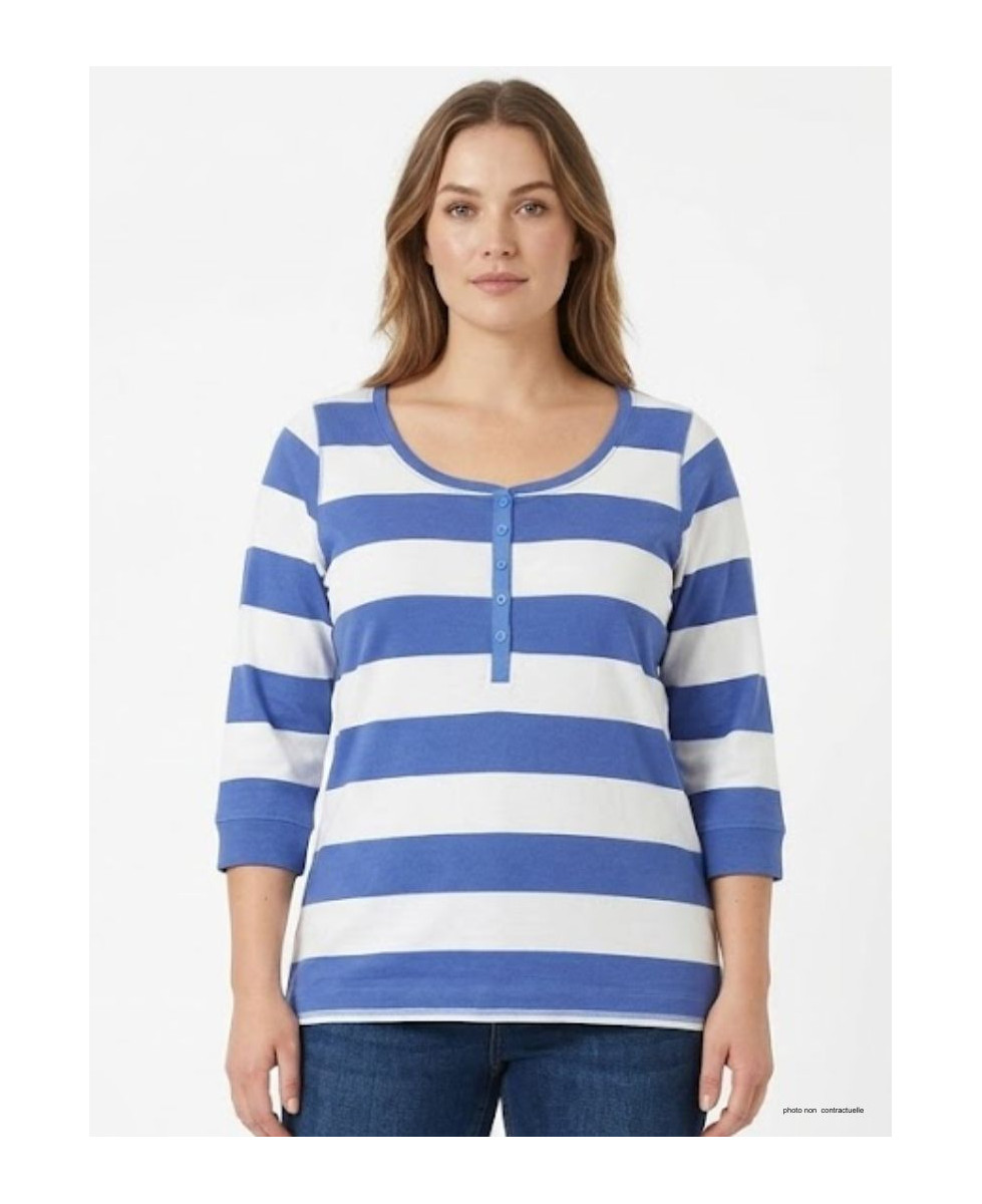 Tee-shirt femme manches 3/4 MAYFLOWER modèle DOMINGO2 à rayures blanches et bleues avec col boutonné.