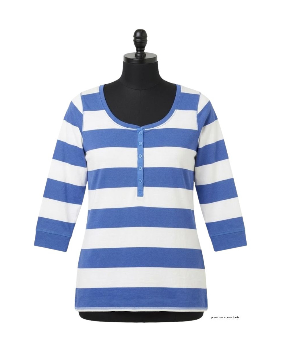 MAYFLOWER DOMINGO2 - Tee-shirt rayé blanc et bleu manches 3/4 coton