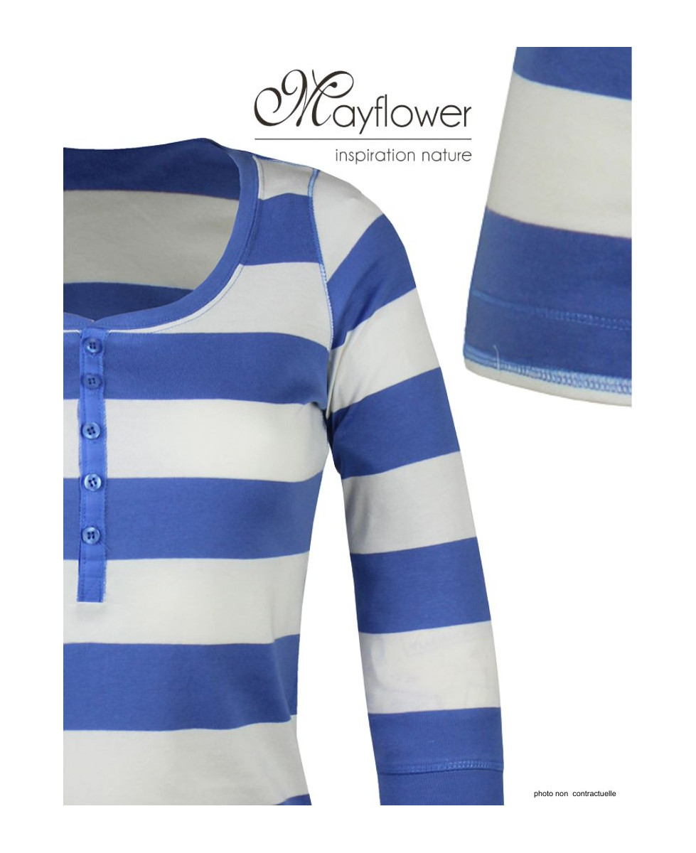 MAYFLOWER DOMINGO2 - Tee-shirt rayé blanc et bleu manches 3/4 coton