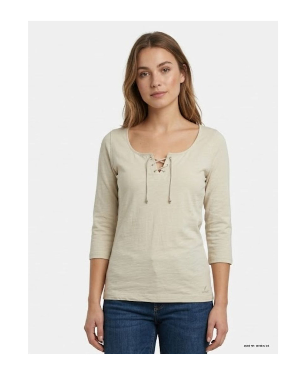 Tee-shirt femme manches 3/4 MAYFLOWER modèle DOUGLAS2 beige en maille flammée avec col V boutonné à lacets.