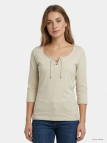 Tee-shirt femme manches 3/4 MAYFLOWER modèle DOUGLAS2 beige en maille flammée avec col V boutonné à lacets.
