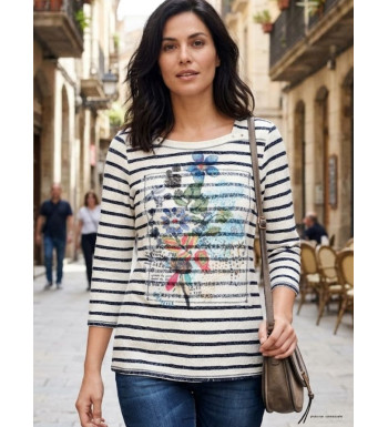 Tee-shirt femme manches 3/4 MAYFLOWER modèle KA9631A en coton stretch marine avec imprimé blanc et bords-côtes rayés.