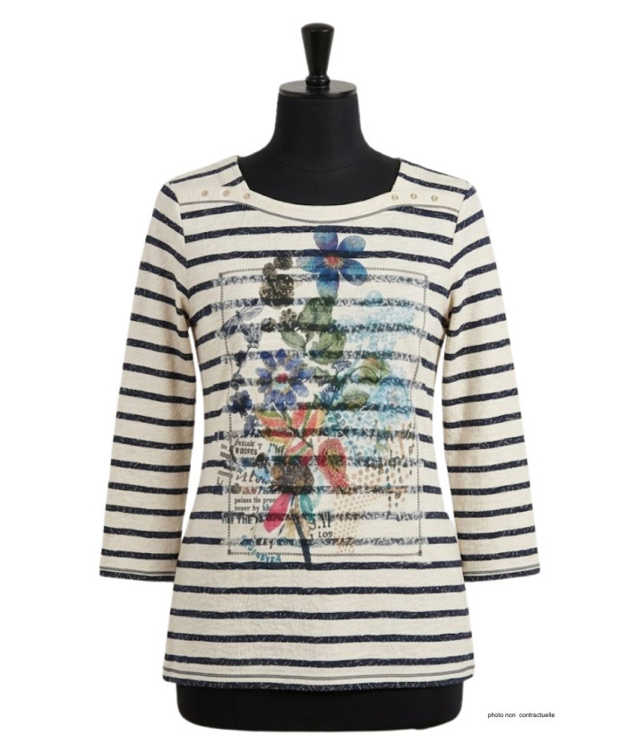 MAYFLOWER KA9631A - Tee-shirt coton stretch marine manches 3/4