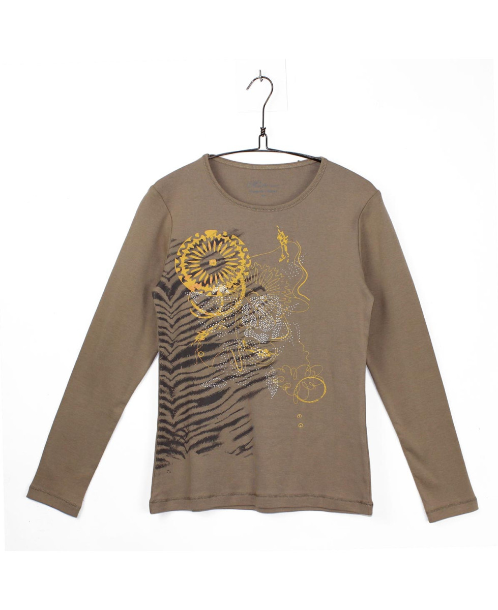 MAYFLOWER CERGY1B - Tee-shirt beige manches longues imprimé zèbre