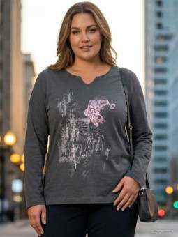 AXONE CHALON1G - Tee-shirt gris col V imprimé et bas fendu