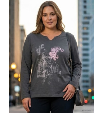 AXONE CHALON1G - Tee-shirt gris col V imprimé et bas fendu