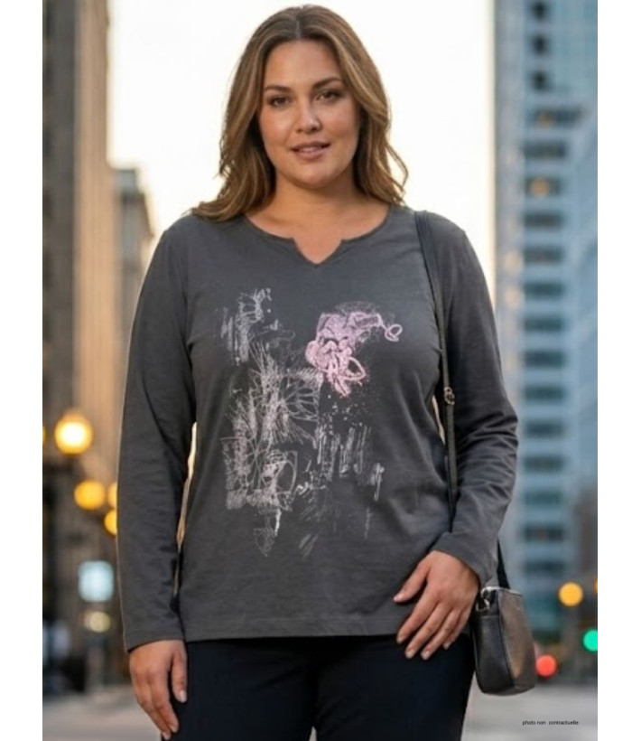 AXONE CHALON1G - Tee-shirt gris col V imprimé et bas fendu