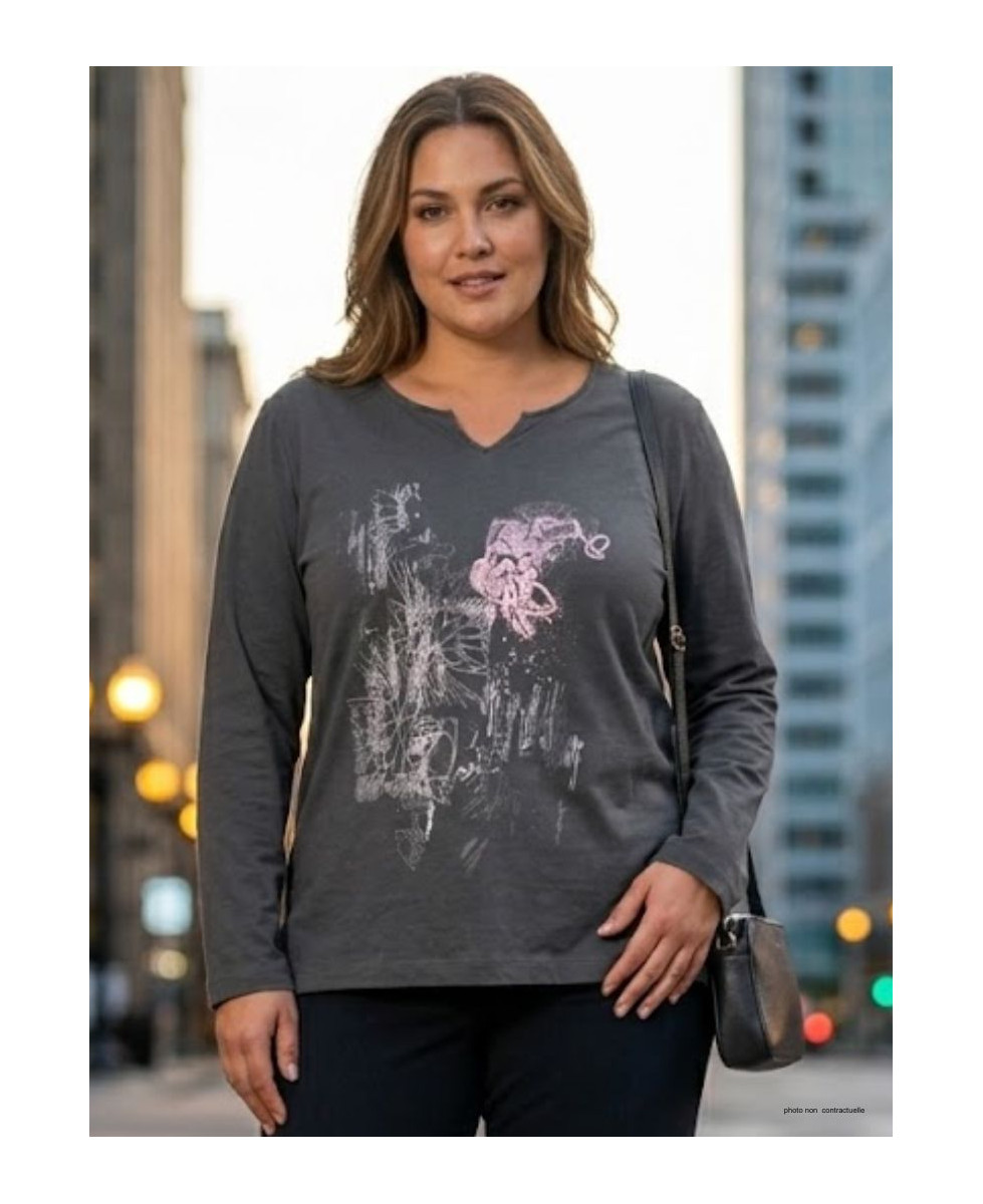 AXONE CHALON1G - Tee-shirt gris col V imprimé et bas fendu