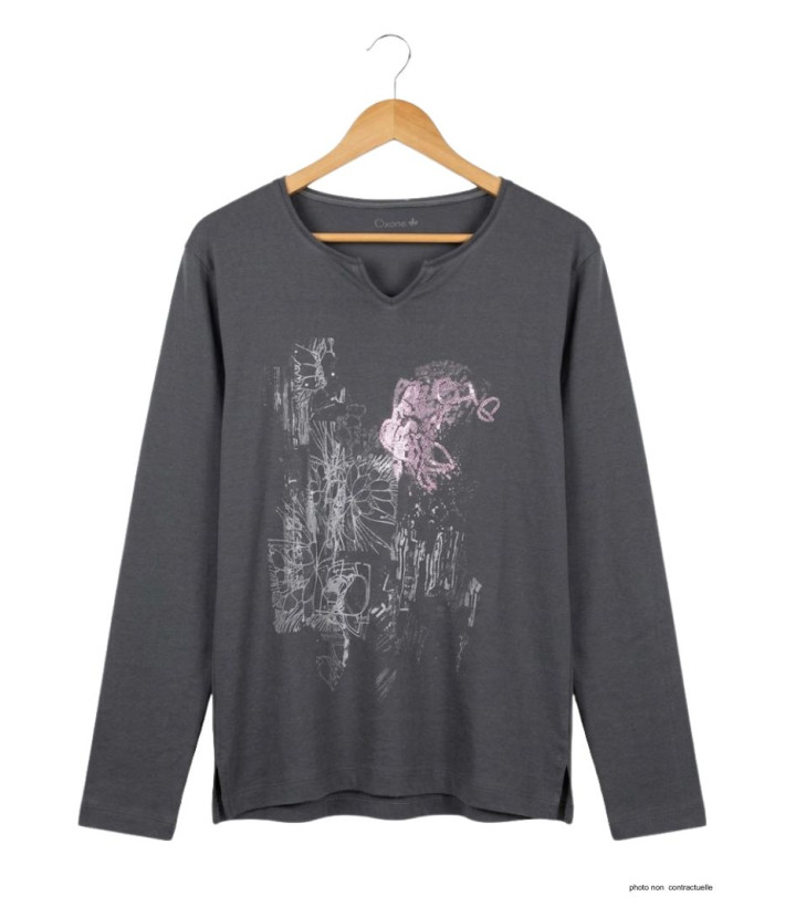 AXONE CHALON1G - Tee-shirt gris col V imprimé et bas fendu