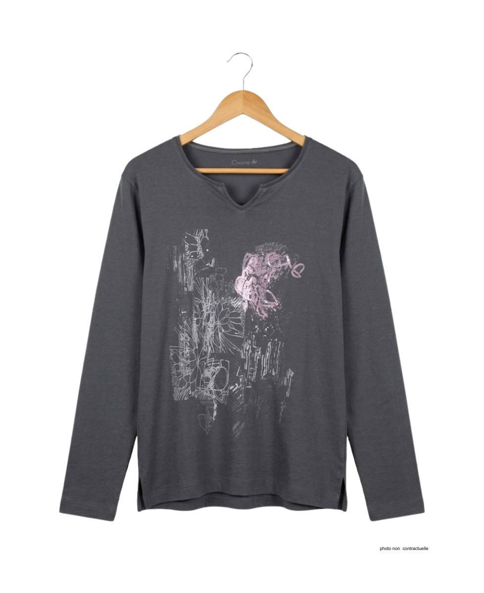 AXONE CHALON1G - Tee-shirt gris col V imprimé et bas fendu