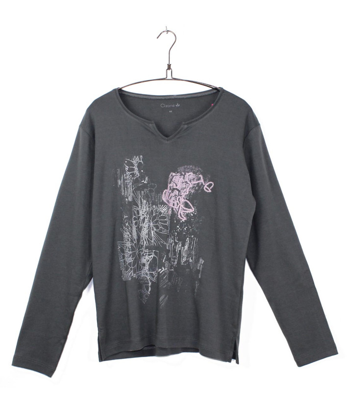 AXONE CHALON1G - Tee-shirt gris col V imprimé et bas fendu