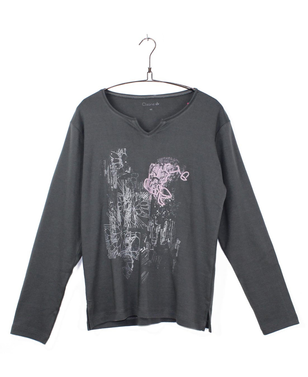 AXONE CHALON1G - Tee-shirt gris col V imprimé et bas fendu