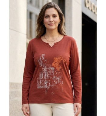 AXONE CHALON2B - Tee-shirt bordeaux col V imprimé et bas fendu
