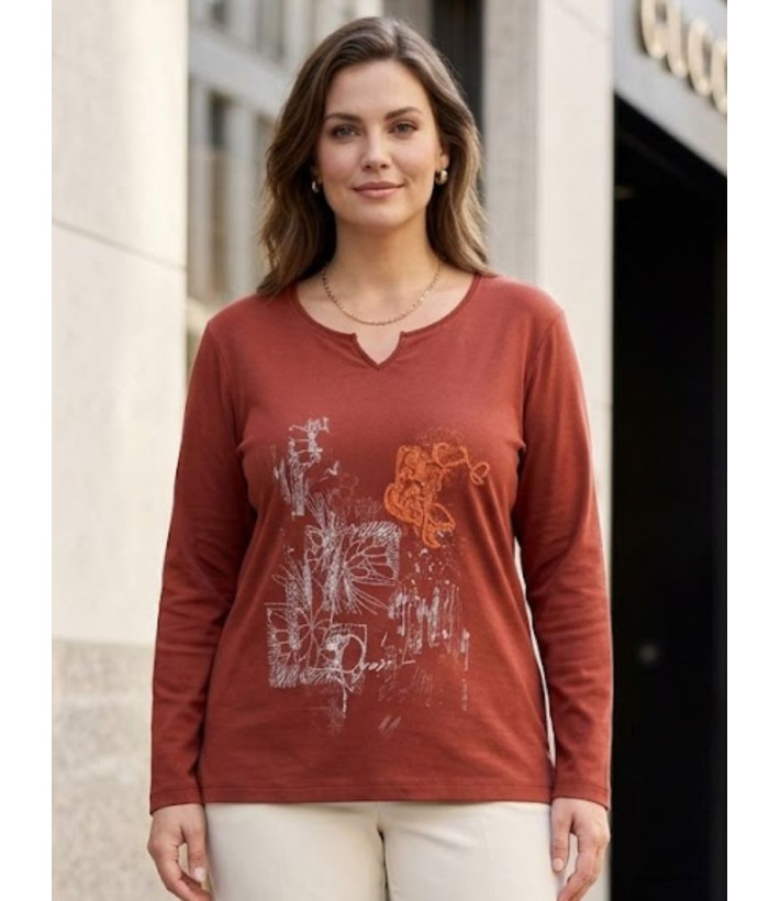 AXONE CHALON2B - Tee-shirt bordeaux col V imprimé et bas fendu