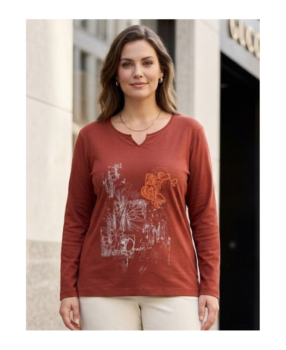 AXONE CHALON2B - Tee-shirt bordeaux col V imprimé et bas fendu