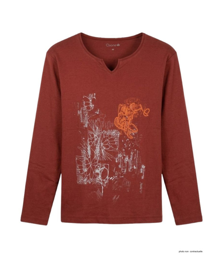 AXONE CHALON2B - Tee-shirt bordeaux col V imprimé et bas fendu