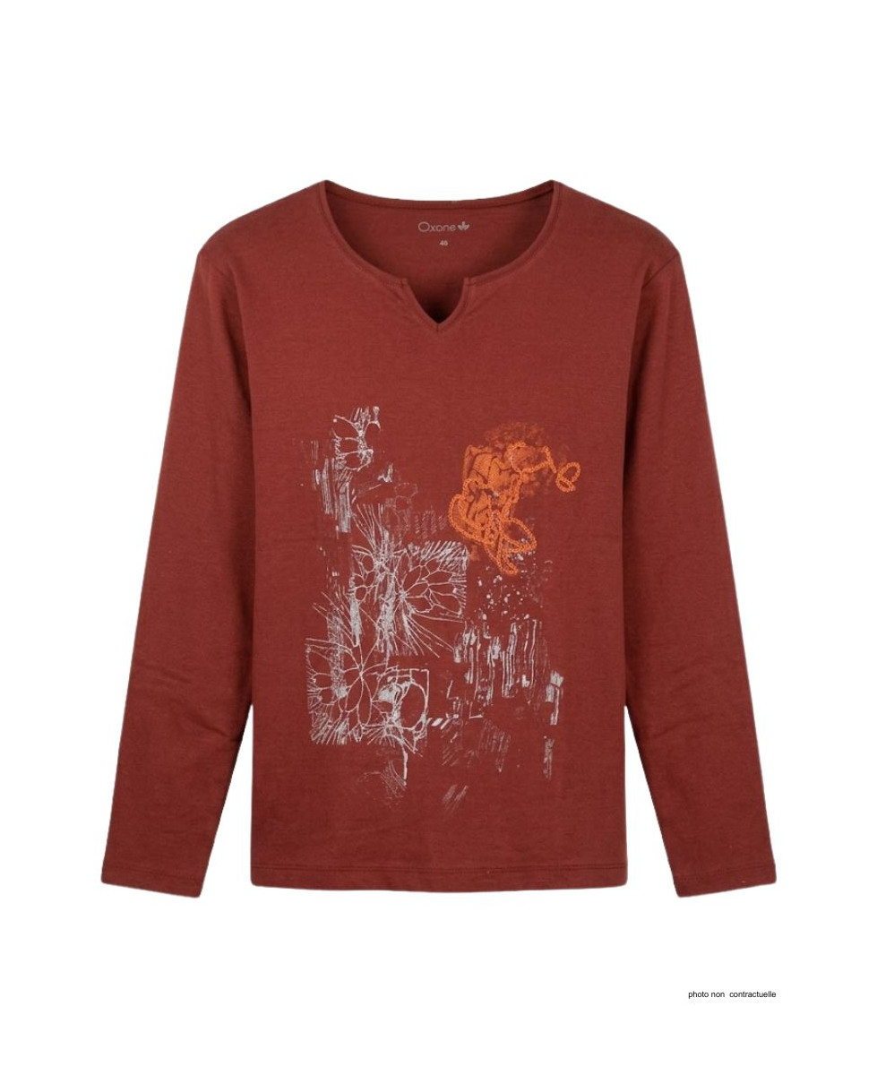 AXONE CHALON2B - Tee-shirt bordeaux col V imprimé et bas fendu