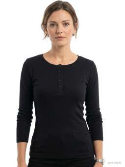 Tee-shirt femme noir fluide manches longues MAYFLOWER avec col rond boutonné et 4 boutons, en viscose stretch.