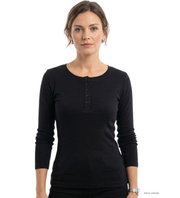 Tee-shirt femme noir fluide manches longues MAYFLOWER avec col rond boutonné et 4 boutons, en viscose stretch.