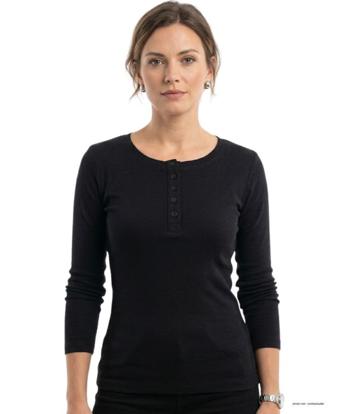 Tee-shirt femme noir fluide manches longues MAYFLOWER avec col rond boutonné et 4 boutons, en viscose stretch.