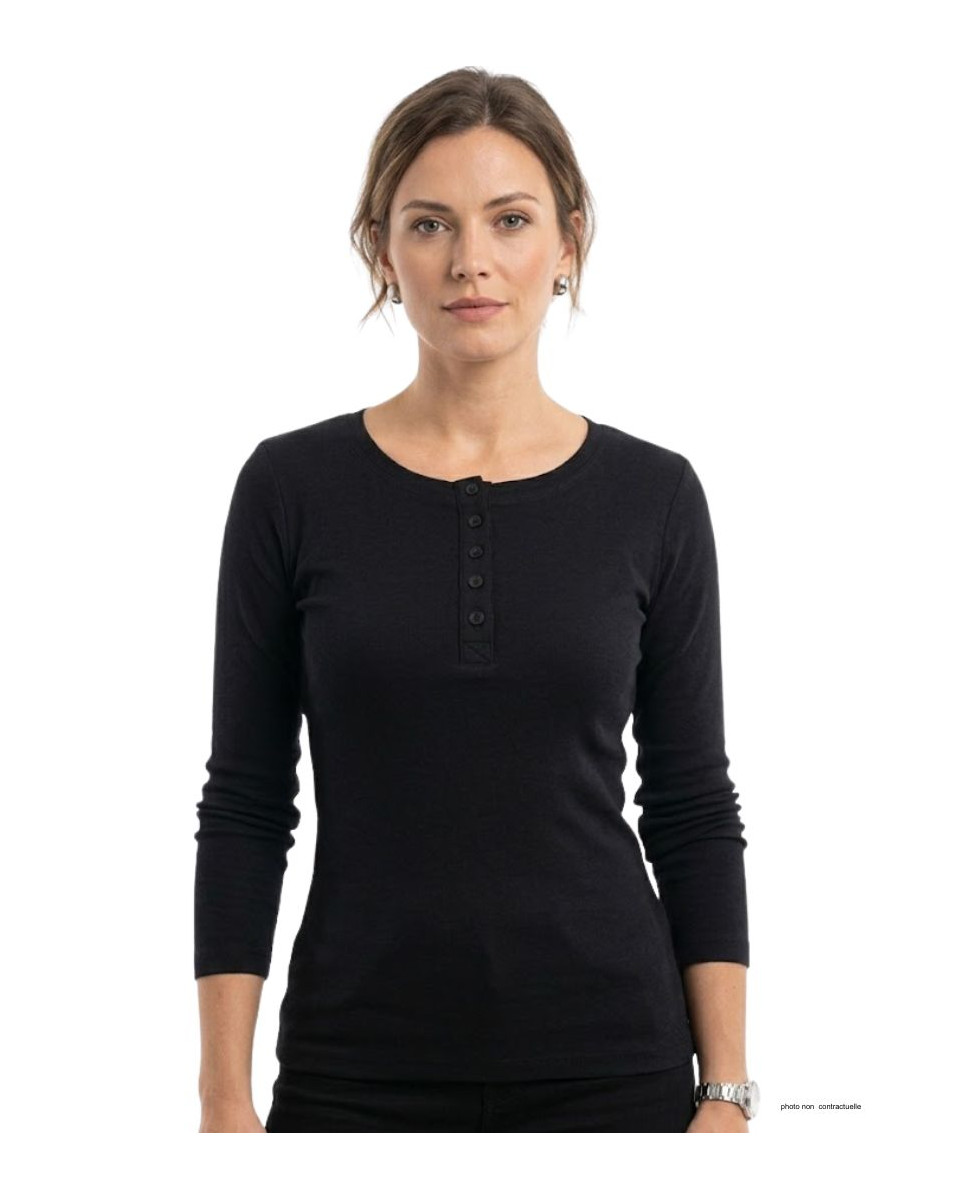 Tee-shirt femme noir fluide manches longues MAYFLOWER avec col rond boutonné et 4 boutons, en viscose stretch.