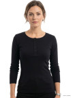 Tee-shirt femme noir fluide manches longues MAYFLOWER avec col rond boutonné et 4 boutons, en viscose stretch.