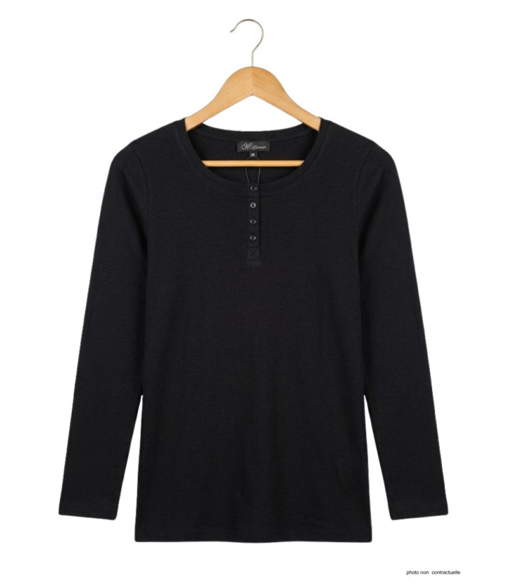 MAYFLOWER - Tee-shirt noir manches longues viscose stretch 4 boutons