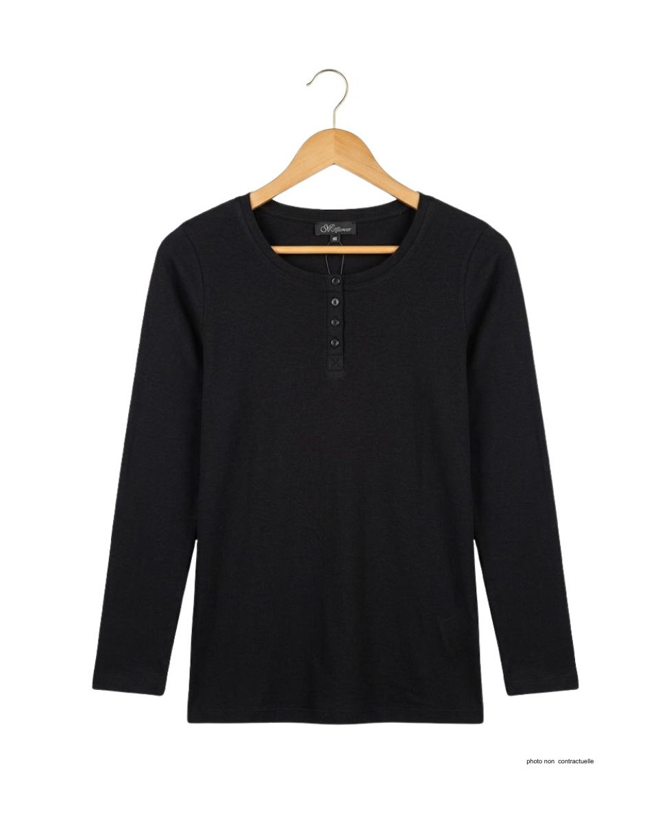 MAYFLOWER - Tee-shirt noir manches longues viscose stretch 4 boutons