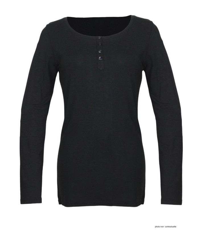 MAYFLOWER - Tee-shirt noir manches longues viscose stretch 4 boutons